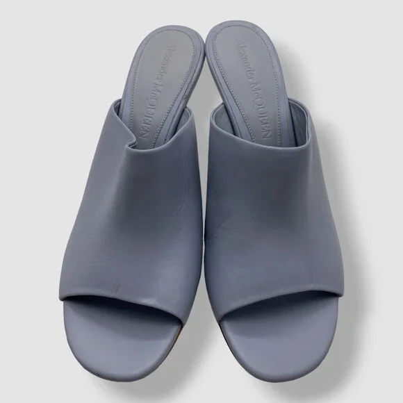 $990 Alexander McQueen Women's Blue Arc Calfskin Wedge Mule Sandal Shoes 40.5